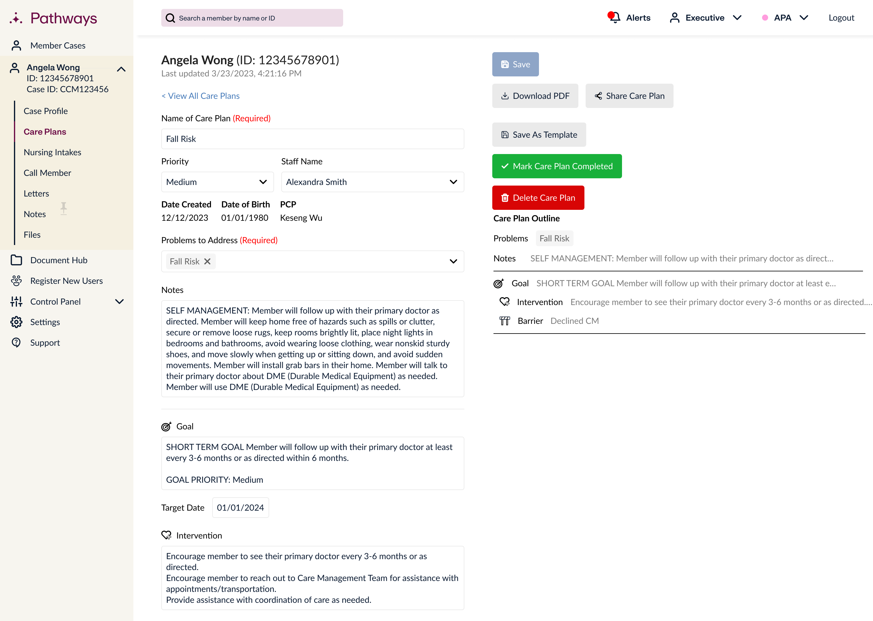 Care plan with outline